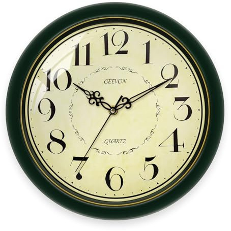 Geevon Retro vintage väggklocka, analog väggklocka tyst utan tickande ljud, väggklockor vardagsrum kontor kök klockor vägg med guldkant (djupgrön med guldkant, 30 cm (12 tum)