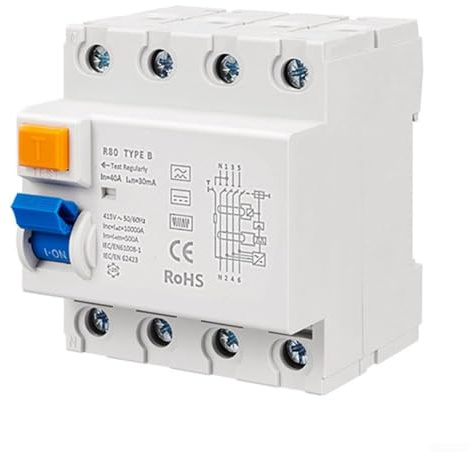 PureBowlic Typ B Leitungsschutzschalter 40A 30MA 4-poliger Leitungsschutzschalter für EV-Ladestationen, DC-Pfähle und Wechselrichter, 300 V-415 V DIN-Schienenmontage für visuelle Fehleranzeige, Grau
