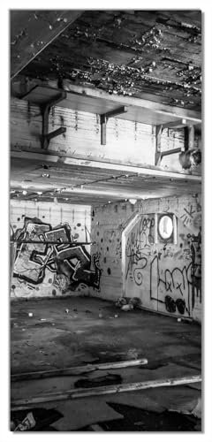posterdepot Türtapete Türposter Alte verlassene Fabrik in schwarz weiß mit Graffiti - Größe 93 x 205 cm - Türaufkleber mit Kleister