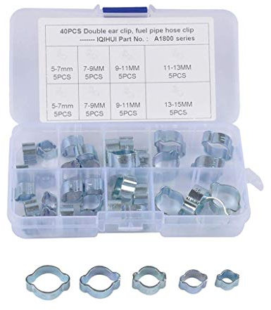 Tenlacum 40 Stück Doppelohr-Schlauchschellen, 2 Ohren, breit, verstellbar, 5–15 mm, verzinkter Stahl, Kraftstoffklemmen, Sortiment – 5 Größen