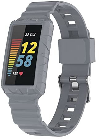 FONREST Compatible with Fitbit Charge 5/4/3 TPU Case and Band, Ultralight Washable Shockproof Sleek Armour Protective Cover with Watch Strap for Charge 3SE/4SE (Grey)