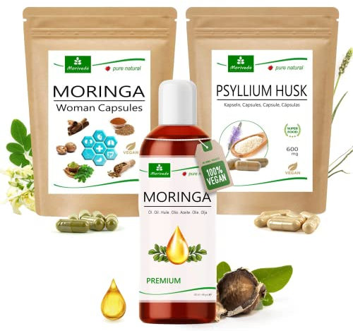 MoriVeda® Ensemble de produits Girl Power | Capsules Psyllium Husk, Capsules Moringa Femme, Huile de Moringa Premium | vitamines, antioxydants, minéraux