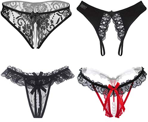 KHUFUZI Women 4 Styles Pack Sexy Brief Underwear Lace Knicker Lingerie Cute G-String Nightwear Sleepwear for Girlfriend or Wife Black