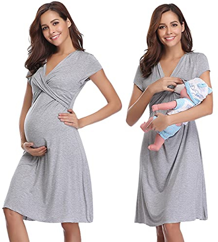 Irdcomps Damen Stillnachthemd Baumwolle Nachthemd Schwangere Umstandsnachthemd Kurzarm Geburtskleid Umstandskleid Kurz Schwangerschaft Geburt Stillfunktion Grau S