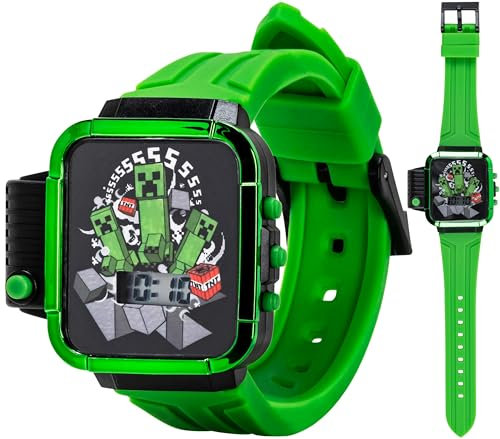 Minecraft Kids LCD Flashlight Watch with Creeper Graphic – Digital Display, Light-Up Dial & Side Flashlight Button – Green Silicone Strap – Ages 6-12 – Fits Wrists 5.5 to 8
