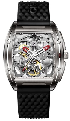 CIGA Design Montre Automatique Homme - Série Z Montre Bracelet Mécanique Squelette Tonneau en Acier Inoxydable Cristal Saphir avec Bracelet en Silicone (Titane-Noir)
