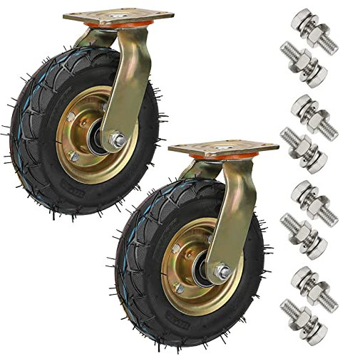 WORDFUN Lenkrolle Luftrad Ø 200mm 250mm (2er Set) Tragkraft 300Kg / 400 Kg, Schwerlastrollen Für Trolleys Möbel Mobile Arbeitstische, Gummi Transportrollen Mit Bremse, Schrauben & Metallplatten