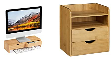 Relaxdays Monitorständer aus Bambus, PC Erhöhung mit 2 Schubladen, HBT 11,5 x 47 x 18 cm, Natur & Schreibtisch-Organizer HBT: 19,5x13x21 cm Schreibtisch-Organizer Bambus, Natur