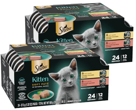 Sheba Perfect Portions Kitten Wet Food, Pate Cat Food Wet Entree, Chicken Recipe and Salmon Recipe, 2.6 oz. Twin-Pack Trays (12 Count, 24 Servings) (Pack of 2)