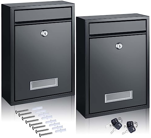 Gisafai 2 Pcs Mailboxes for Outside Wall Mount Large Donation Suggestion Box for Mailbox Postbox Letters Newspapers Rust Proof with Slot Steel, 12.68 x 8.54 x 3.31 Inch, Black(Key Lock)