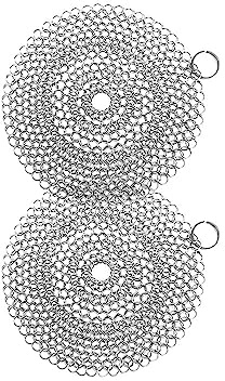 2 st Chainmail-skrubbare gjutjärnsrengöringsmedel, rostfritt stål skrubbare för rengöring av gjutjärn, wok, matlagningsgryta, stekpanna eller gjutjärn gryta, underhåll, 10 cm