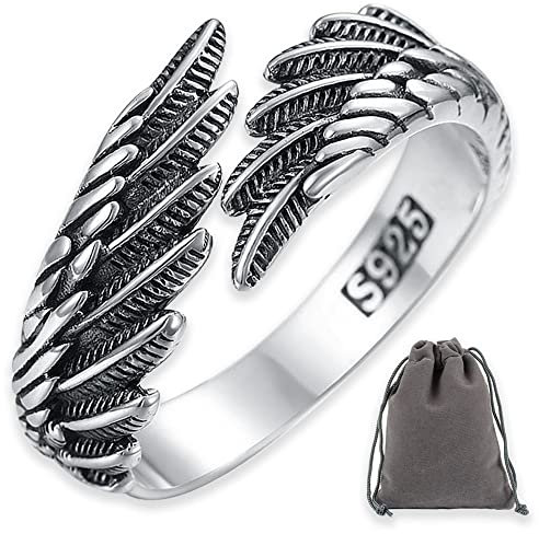 AIFUYUDM Ringe Verstellbar 925 Silber Feder Ringe Frauen Offene Ring Unisex Vintage Angel Ringe Engels Flügel Ring für Damen Frauen Geschenk personalisiert Verlobungsringe Eheringe mit Geschenkbox