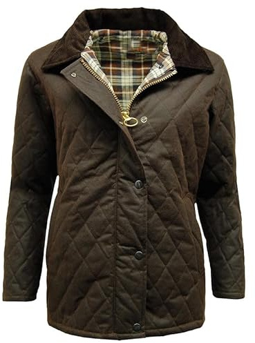 Womerns Gewachste Baumwolle Steppjacke Antik Damen Reißverschluss Mantel Winter Warme Jacke, Braun, L