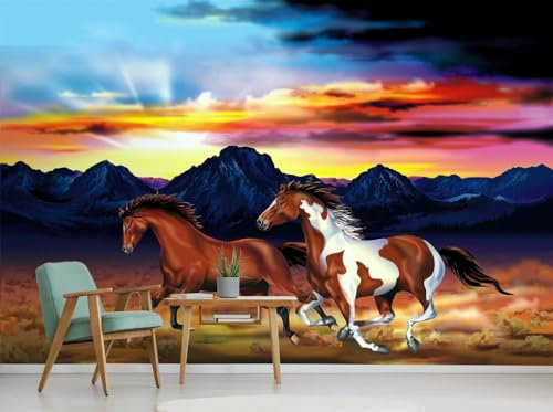 Wandbilder Wand Deko 3D-Tapete mit Sonnenuntergang, Pferd und Tier, 396 x 280 cm Wandaufkleber Kinderzimmer Wandsticker Wohnzimmer Sticker Hintergrund Wandbilder