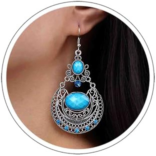 Atentuyi Pendientes Boho Turquesa Plata Zafiro Cristal Azul - Colgantes Filigrana Gitana Vintage Tribal India Retro