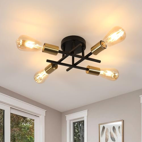 Riserva Lustre Plafonnier Industriel, 4 Lumières E27 Plafonnier Vintage, Lampe de Plafond Retro en Metal pour Salon, Cuisine, Salle à Manger, Chambre, Noir et Or (Sans Ampoules)