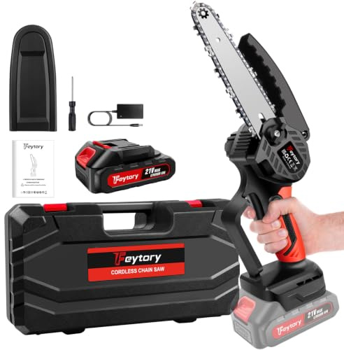 Huini Mini Chainsaw Cordless 6 Inch with Large LI-ion Battery, Powerful Electric Chainsaw with 1 Chain and Security Lock,Handheld Small Chain Saw for Wood Cutting Tree Trimming Gardening,Red
