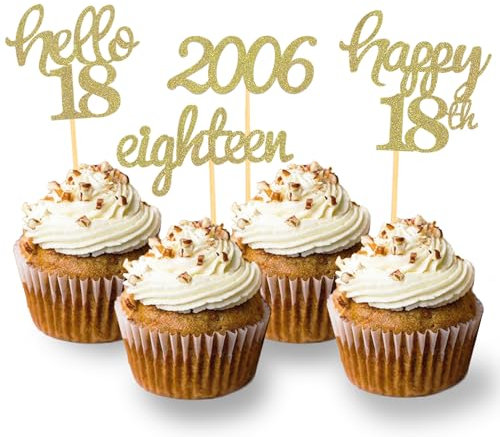 24 Pcs Glitter 18th Birthday Cupcake Toppers for Celebrating 18th Birthday Party Decorations for Eighteen Years Old Birthday Party Supplies (Gold)