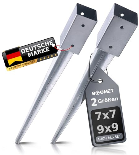 BOOMET Einschlagbodenhülse für Zaunpfosten · Bodenhülse 90x90 und 70x70 · Verzinkte Bodenhülsen für Holzpfosten · Stabile Einschlaghülse · Holzbalken Erdspieß Metall (91x91x750mm - 2 Stück)