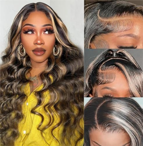 Unipearl Gewellte Echthaar Perücke 13x4 HD Lace Front Wig Human Hair 50cm（20 Zoll）,#1B/27 Ombre SchwarzBlond Body Wave Glueless Wig 100% Brasilianisches Echthaar Perücken für Damen 150% Dichte