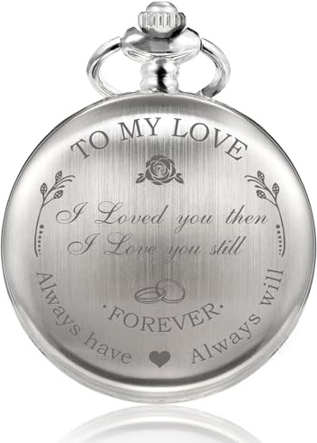 TREEWETO Herren Damen Quarz Personalisierte Taschenuhr Graviert Gravur Individuell mit Kette Geschenkbox Hochzeitsgeschenk für Groomsman Trauzeuge Ehemann Liebe