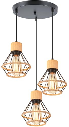 3 Flammige Pendelleuchte Vintage Industrie Hängelampe Schwarz E27 Lampe aus Holz und Metall mit Hanfseil Geometrischem Käfig Hängeleuchte Retro Deckenleuchte für Wohnzimmer Esstisch Küche