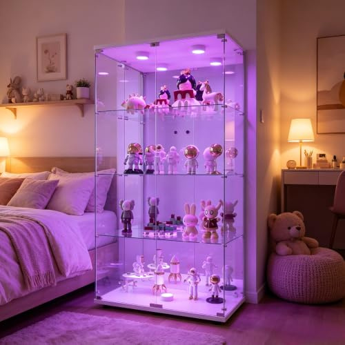 FOERPL LED-Vitrine mit 2 Türen, Schrank-Vitrine mit Schloss, Glasvitrine für Kollektion, Möbel für Wohnzimmer und Bar (Rückwand Spiegel + Licht, weiß), 4 Ebenen