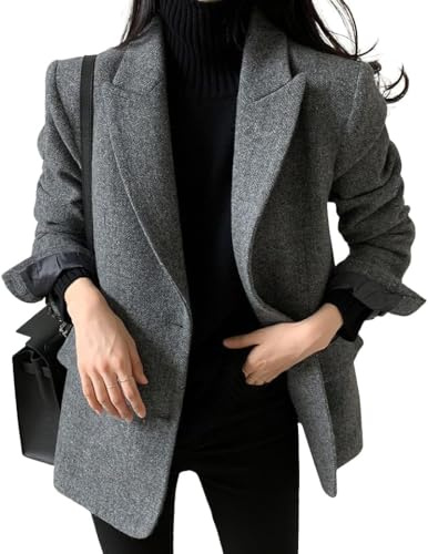 Blazer Casual da Lavoro Invernale in Misto Lana da Donna Moda Tendenza Ampia Monopetto Formale Elegante Giacca in Tweed Caldo con Risvolto Tinta Unita (Grigio,L)