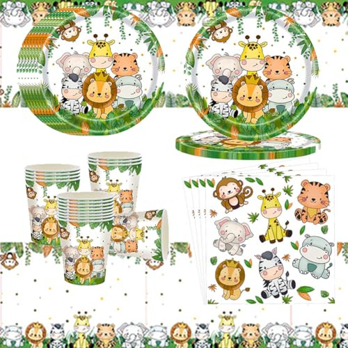 51PCS Jungle Safari Animaux Party Vaisselle D'Anniversaire Set De Fête, Nappe Assiettes Gobelets Couverts Serviettes, Fournitures De Fête
