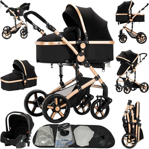 Reenborn Kinderwagen 3 in 1, Buggy mit Zwei Umkehrbaren Schiebemodi, Kinderwagen mit Rahmen Aluminiumlegierung, Babywagen 3 in 1 Komplettset mit Ein-Klick-Faltdesign Hohe Landschaft (588 Black Gold)