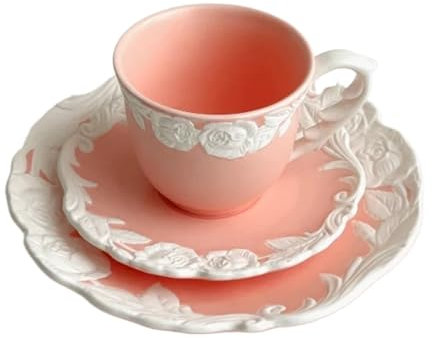 GIYXHU Teeservice Keramik Keramik Rose Kaffeetasse Set Luxus Retro Geprägte Platte Reines Porzellan Becher Nette Espresso Kaffee Tasse Set Restaurant Dekor Für Den Haushalt(Pink)