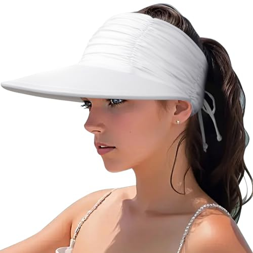 DRESHOW Kvinnor Visir Sol hatt Bred brim justerbar vikbar hästsvans strand sommar UV skydd utomhus mossa UPF 50+