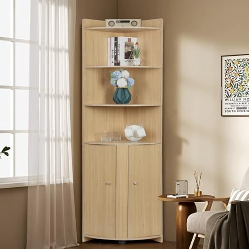 Eckregal mit Stauraum, 181 cm hoher Eckschrank, 5-stöckiges Eck-Bücherregal für Wohnzimmer