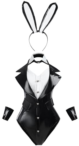FCCAM Wetlook Bunny Costume da donna in vernice lucida Body con orecchie da coniglio anime senpai Bunny Suit per Halloween e Carnevale S