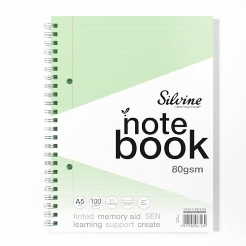 Silvine A5 Green Paper Dyslexia Notebook | 100 Wirebound Pages, 80gsm Tinted Paper for SEN Supportive Learning & Memory Aid (Green)