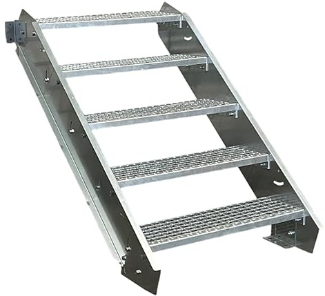 SRM Design 5 Stufen Stahltreppe Breite 100 cm verzinkt | Geschosshöhe 70 - 105 cm ohne Geländer Wangentreppe Geschosshöhe Außentreppe Industrietreppe für Innen und Außenbereich