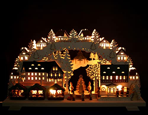 Großer 3D - Schwibbogen 68cm Weihnachtsmarkt mit Baum - Handarbeit aus dem Erzgebirge - Lichterbogen für Weihnachten