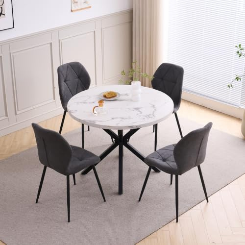 GrandCA HOME Juego de Mesa y Sillas de Comedor, Mesa de Comedor Redonda de 100 CM y 4 Sillas Modernas de Lino, para Comedor, Cocina, Sala de Estar (Mármol-B + Gris Oscuro)