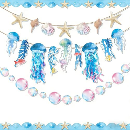 SUNBEAUTY Quallen-Girlanden-Set mit Seesternen, Muscheln und Blasen, Unterwasserwelt Party Deko, 3 Stück