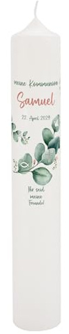 Striefchen® Personalisierte Kommunionkerze XXL – 38 cm Kerze mit Eukalyptus Motiv – Kommunionkerze gestalten als Geschenk zur Erstkommunion
