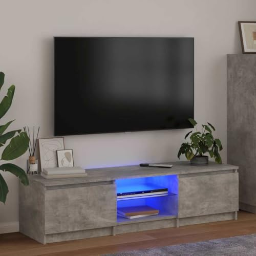 Meuble TV Moderne avec Éclairage LED RGB, Meuble Télé Gris Béton 140 cm, Rangement pour Console de Jeu et Home Cinéma, Bibliothèque Média avec Verre Trempé et Bois