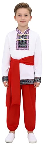 Agoky Abbigliamento Nazionale Russo Per Bambini Costume Tradizionale Set 3 Pezzi Maglia Maniche Lunghe Pantaloni Elastico Vita Cintura Con Lacci Rosso Bianco 9-10 anni