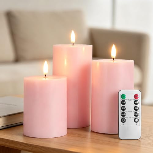 RosMank 3er Set LED-Kerzen, mit 10-Tasten-Fernbedienung, Flammenlos, aus Echtem Glatt Wachs, mit Flackernder Flamme, Dekoration für Weihnachten, Geburtstag, Hochzeit und Party (Rosa)