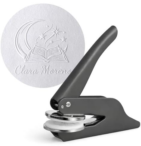 JUST REFINE® Ex Libris Timbro personalizzato – Pinza per goffratura per carta – Ideale come regalo o per occasioni speciali – Diversi motivi (Grigio, Luna Libris)
