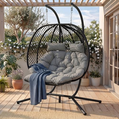 Soweiz Doppelschaukelstuhl Ei-Form | Hängesessel mit Ständer, Fußauflage & Kissen | Gartenhängstuhl für Indoor & Outdoor | Belastbar bis 150kg (Grau und Schwarz)