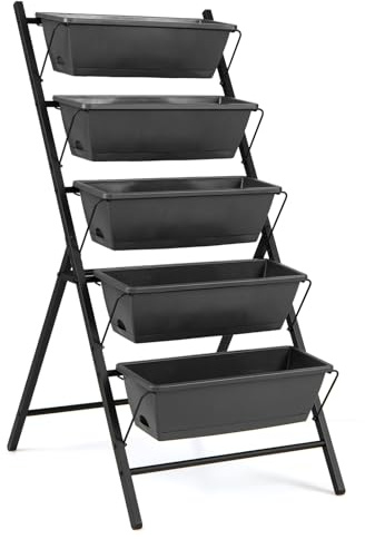 FANTASK Aiuola rialzata a 5 livelli, 57 x 71 x 115 cm, aiuola verticale rialzata con 5 ripiani e fori di drenaggio, aiuola verticale autoportante, scala per piante per verdure, erbe, fiori (nero)