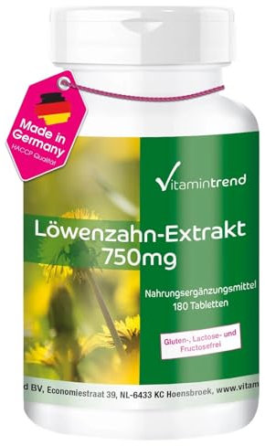 Vitamintrend Löwenzahn Extrakt 750mg, 180 Tabletten, hochdosiert 10:1 Löwenzahnwurzelextrakt, Nahrungsergänzungsmittel vegan ohne Magnesiumstearat, in Deutschland hergestellt