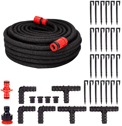 Grafner 30 Meter Perlschlauch Starter-Set, 28 teilig mit Erdanker, Eckverbinder, T-Verbinder, Endstopfen und Klickanschlüssen, wassersparend Bewässerungsschlauch Tropfschlauch