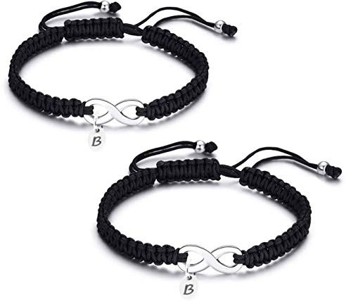2x Personalisierte geflochtene Partnerarmbänder Edelstahl Infinity Unendlich Zeichen Unendlichkeits-Zeichen mit Buchstabe Partnerarmband Buchstabenarmband Liebe Armband Verstellbar Kordel Initialen