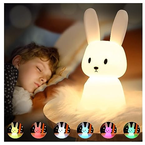 SOLIDEE Bunny Silikon Nachtlicht Kinder USB-Aufladung Nachttischlampe mit 7 Lichtwechsel & Tap Control & Timing Funktion 1200mAh Kinderzimmer Deko Geschenke Spielzeug Schlaflichter Nachtlicht Baby